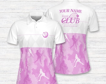 Personalized Tennis Polo Shirt, Custom Name Tennis Gift, Pink and Blue Tennis Player Silhouette Jersey, Tennis Club Apparel for All Ages