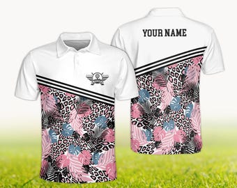 Custom Name Golf Polo Shirt, Leopard Tropical Palm Leaves Golfing Shirt, Personalized Men Women Golf Gift, Unisex Athletic Polo Shirt