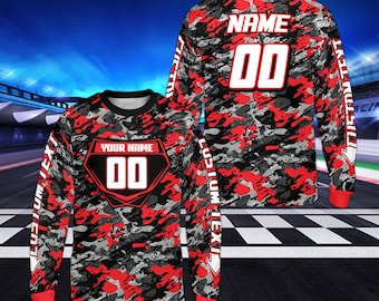 Personalized Blue Camo Long Sleeve Shirt, Custom Name Number Racing Jersey, Motocross Team Gear, Dirt Bike Gift for Men Women Kids