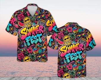 Colorful Summerest Aloha Shirt for Men Women, Graffiti Art Tropical Shirt, Beach Vacation Outfit, Hip Hop Style Button Up, Festival Shirt