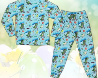 Custom T-Rex Bicycle Pajamas, Personalized Name Dino PJ Set for Boys Girls Men Women, Unisex Long Sleeve Sleepwear, Fun Birthday Gift