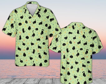 Funny Black Cat Shirt, Cat Playing with Yarn Hawaiian Shirt, Cute Animal Print Tropical Aloha Shirt, Summer Vacation Gift for Cat Lovers