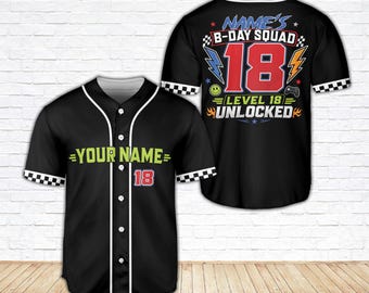 Custom Gamer Baseball Jersey Personalized 18th Birthday Shirt Level 18 Unlocked Gaming Jersey B-Day Squad Team Outfit Video Game Party Gift