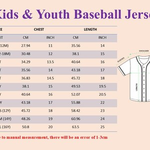 Puede incluir: Tabla de tallas para camisetas de b&eacute;isbol para ni&ntilde;os y j&oacute;venes. La tabla muestra medidas de pecho y largo en cm y pulgadas, desde 6 meses hasta juvenil grande. Un diagrama ilustra las medidas.