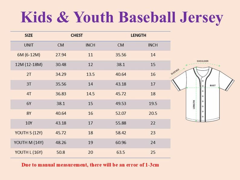 Puede incluir: Tabla de tallas para camisetas de b&eacute;isbol para ni&ntilde;os y j&oacute;venes. La tabla muestra medidas de pecho y largo en cm y pulgadas, desde 6 meses hasta juvenil grande. Un diagrama ilustra las medidas.