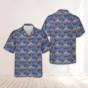 Camisa hawaiana de surf retro, camisa hawaiana vintage Surf Van Aloha, camisa de playa tropical para hombre con botones, camisa de verano "Let's Surf", ropa de playa de California