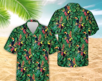 Tropical Toucan Shirt, Floral Hawaiian Button Down, Jungle Leaves Pattern Aloha Shirt, Short Sleeve Beach Shirt, Unisex Summer Party Shirt