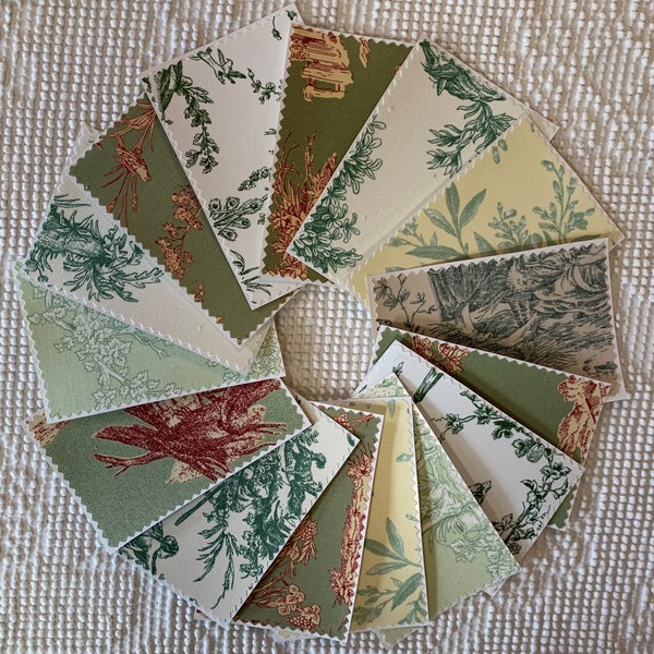 Bundle Fabric Sample Cards - 15 Pieces - Toile Designs - Green Shades - Junk Journals, Mixed Media, Collage, Cardmaking - EA74