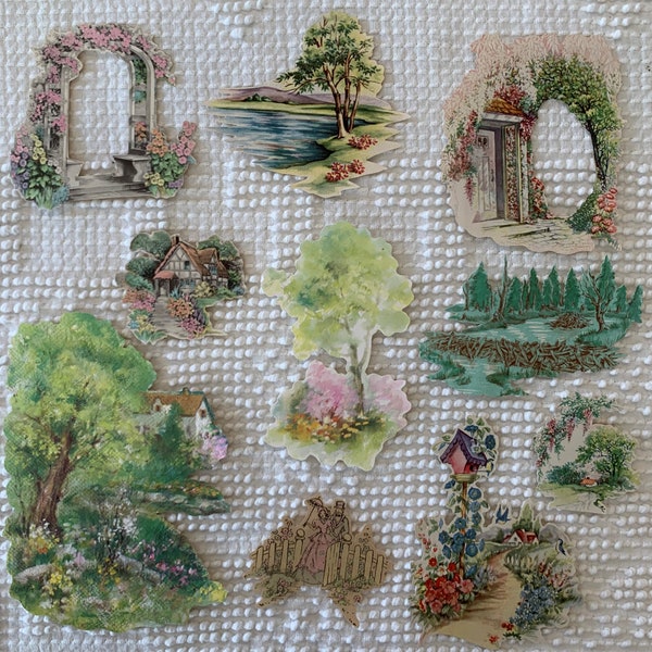 Vintage Greeting Card Cuttings - Fussy Cuts - Floral Landscapes - 10 Pieces - Junk Journal, Collage, Cardmaking, Mixed Media - CA46