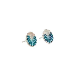 Seashell stud earrings sterling silver Sea Shell earrings Ocean blue enamel earrings