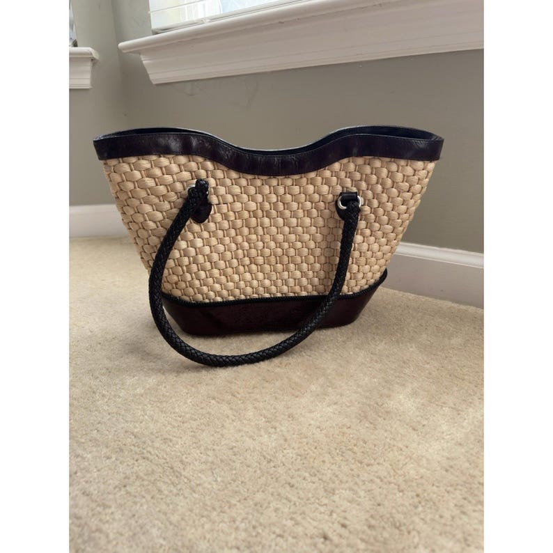 Brighton Vintage Straw Leather Tote, Floral Print Lined Purse With Dust Bag image 8
