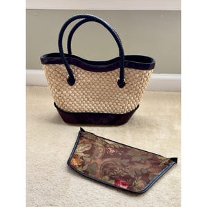 Brighton Vintage Straw Leather Tote, Floral Print Lined Purse With Dust Bag image 1