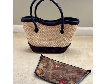 Brighton Vintage Straw Leather Tote, Floral Print Lined Purse With Dust Bag