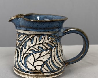 Susan Brown Freeman Signed Studio Pottery Stoneware Creamer Blue Carved