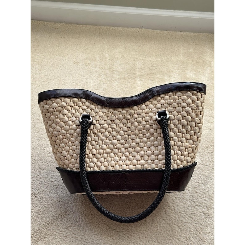 Brighton Vintage Straw Leather Tote, Floral Print Lined Purse With Dust Bag image 10