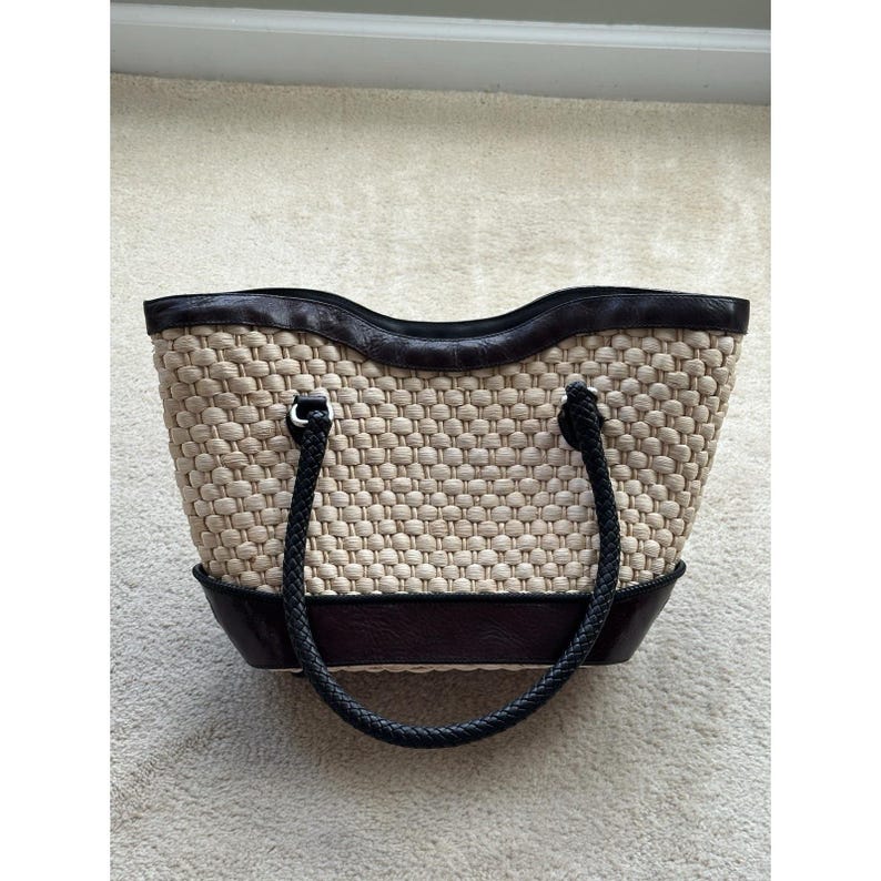 Brighton Vintage Straw Leather Tote, Floral Print Lined Purse With Dust Bag image 11