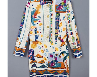 Louis Feraud Cotton Art Print Dress Set: 80s 90s Designer Statement Outfit