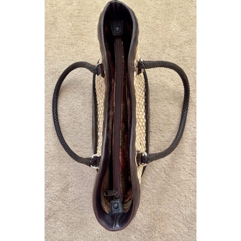 Brighton Vintage Straw Leather Tote, Floral Print Lined Purse With Dust Bag image 12