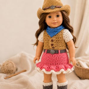 May include: A doll with long brown hair wearing a crocheted tan cowboy hat, a white short-sleeved top, a blue neckerchief, a tan vest with three brown buttons, a pink skirt with a ruffled white hem, a grey belt with a silver buckle, and grey boots.