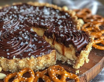 Dark Chocolate Peanut Butter Tart with Pretzel Crust | Sweet Salty Rich Dessert