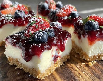 No-Bake Red White and Blue Cheesecake Bars | Festive Creamy Patriotic Dessert