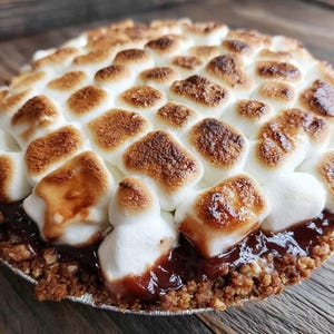 Puede incluir: Una tarta de s'mores con base de galletas Graham, relleno de chocolate y cobertura de malvaviscos tostados. Los malvaviscos son dorados y la tarta está en una lata plateada sobre una superficie de madera.