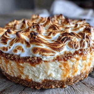 Puede incluir: Un pastel de queso redondo con una base de galleta, un relleno cremoso blanco y una capa de caramelo. La parte superior está cubierta con merengue tostado, creando una superficie texturizada de color marrón dorado. El postre está sobre una superficie de madera.