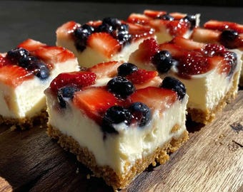 Patriotic Berry Cheesecake Bars with Graham Cracker Crust | Festive Red White Blue Dessert