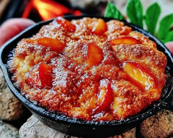 Grilled Peach Cobbler in a Dutch Oven Over the Campfire | Sweet Smoky Outdoor Dessert