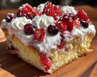 Patriotic Berry Poke Cake with Whipped Cream Frosting | Festive Red White Blue Dessert
