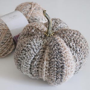 May include: A crocheted pumpkin made from variegated yarn in shades of beige, cream, and grey. The pumpkin features a textured, ribbed surface and is topped with a realistic, curved, dark-colored stem. A ball of the same yarn is visible nearby.
