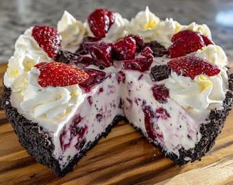Patriotic Strawberry Ice Cream Pie with Oreo Crust | Festive Red White Blue Frozen Dessert