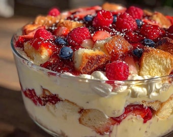 Memorial Day Layered Berry Trifle with Angel Food Cake | Patriotic Light Fruity Summer Dessert