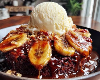 Banana Foster Skillet Brownie with Vanilla Ice Cream | Decadent Father's Day Dessert