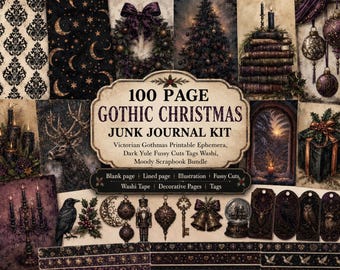 100 Page Gothic Christmas Junk Journal Kit, Victorian Gothmas Printable Ephemera, Dark Yule Fussy Cuts Tags Washi, Moody Scrapbook Bundle