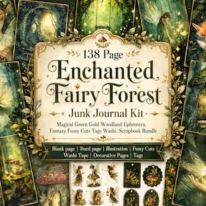 以下が含まれることがあります： 138ページのEnchanted Fairy Forestジャンクジャーナルキット。緑と金の森の装飾素材、ファンタジーな切り抜き、タグ、マスキングテープが含まれています。中央のラベルにはタイトルが記され、白紙や罫線入りのページなどの内容が記載されています。