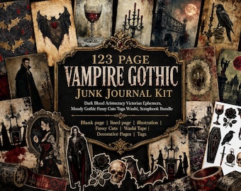 123 Page Vampire Gothic Junk Journal Kit, Dark Blood Aristocracy Victorian Ephemera, Moody Gothic Fussy Cuts Tags Washi, Scrapbook Bundle