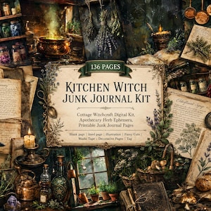 Pode incluir: Um kit de diário criativo Kitchen Witch com 136 páginas de efêmeros digitais de bruxaria, incluindo ilustrações de ervas de boticário, páginas imprimíveis, folhas pautadas, recortes, fita decorativa e etiquetas.