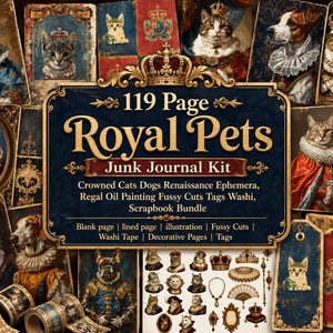 以下が含まれることがあります： 「Royal Pets」と題された119ページのジャンクジャーナルキット。王室の衣装を着た猫や犬のイラストが多数含まれています。コレクションには、エフェメラ、タグ、マスキングテープ、王冠のモチーフが描かれた装飾ページが含まれています。