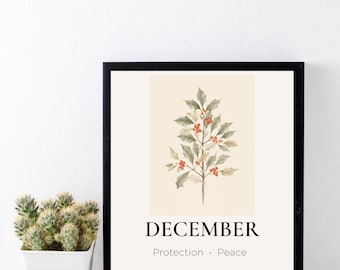 December Birth Flower Print : Holly • December Birthday Gift • Minimalist Botanical Wall Art • Digital Download