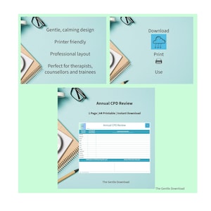 Puede incluir: Fondo azul claro con texto y gráficos. El texto incluye "Diseño suave y relajante", "Apto para impresora", "Diseño profesional" y "Annual CPD Review". También hay iconos para descargar, imprimir y usar.