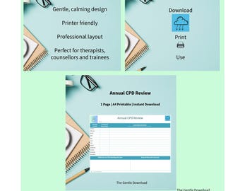 Annual CPD Review Printable | Monthly Activity, Hours Tracker, Learning Outcomes & Reflection | Therapist Template