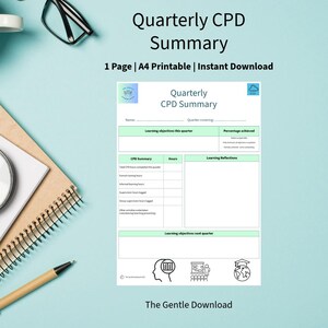 May include: A light blue printable document titled "Quarterly CPD Summary". The document includes sections for name, quarter covering, learning objectives, and reflections. The text "1 Page | A4 Printable | Instant Download" is also visible.
