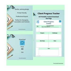 Può includere: Un Client Progress Tracker digitale, stampabile in A4, con un design delicato e rilassante. Il documento include sezioni per la presentazione dei problemi, i progressi, le sfide, i prossimi passi, i rischi e le note. Il testo include "Download", "Print" e "Use".