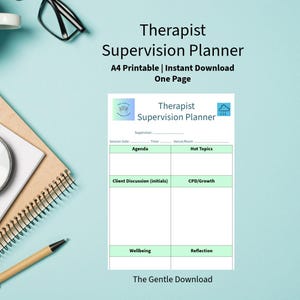 Op de afbeelding: A4-afdrukbare therapeutische supervisieplanner met de tekst "Therapist Supervision Planner" en "A4 Printable | Instant Download One Page". De planner bevat secties voor agenda, hot topics, cliëntdiscussie, CPD/groei, welzijn en reflectie.