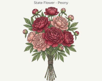 Indiana Peony State Flower Print | Fine‑Line Botanical Art | 11x14 Digital Download
