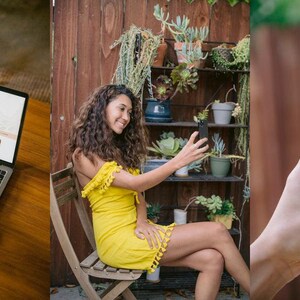 May include: A laptop displaying a website with multiple profile pictures, a woman in a yellow dress taking a selfie with a smartphone, and a person holding a smartphone with a photo editing app open.