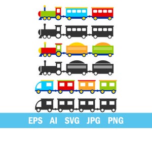 May include: A digital graphic set featuring six train illustrations arranged in rows. Three rows show colorful trains with passenger cars and cargo, while three rows show matching black silhouettes. The text EPS AI SVG JPG PNG appears below.