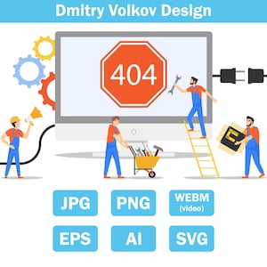 Tekniskt underhållsteam åtgärdar webbplatsfel 404 på bildskärmen med verktyg och kugghjulsikoner. jpg/png/svg/eps/webm/ai