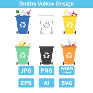May include: A graphic illustration featuring six colorful recycling bins, each with a recycling symbol. The bins are blue, yellow, green, black, and orange. The image also includes file type icons: JPG, PNG, WEBM, EPS, AI, and SVG.